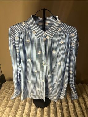 Jane and Delancey Blue and White Striped Embroidered Button-Down Shirt